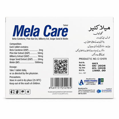 Mela Care Antioxidant Tablets with Beta Carotene, Bilberry & Grape Seed — Skin Glow & Pigmentation Support | 20 Tablets